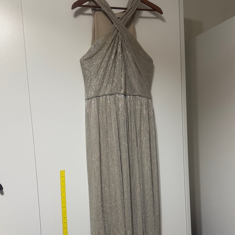 Taylor Metallic Silver Cross-Front Prom Gown